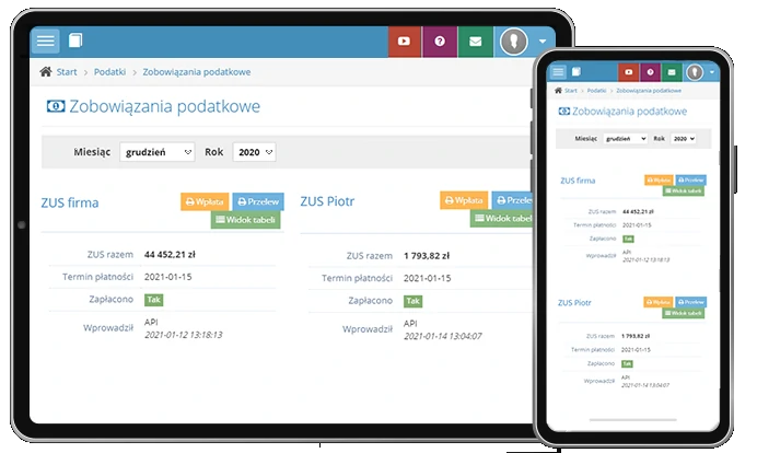 Panel online klienta - widok informacji o ZUS, PIT, VAT.